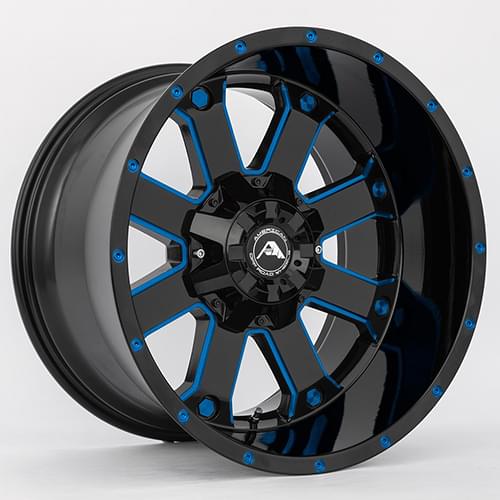 American Offroad A108 Gloss Black W/ Blue Milled Spokes - Part Number A10820A0xxx-24BMI-514Blue American Offroad A108 Gloss Black W/ Blue Milled Spokes Photo