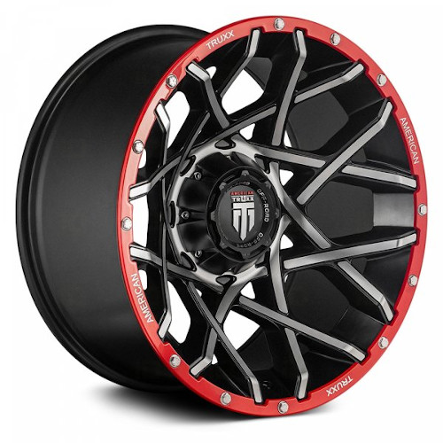 American Truxx Gridlock AT1901 Black W/ Machined Face W/ Red Lip - Part Number AT1901-2237BML-44 American Truxx Gridlock AT1901 Black W/ Machined Face W/ Red Lip Photo