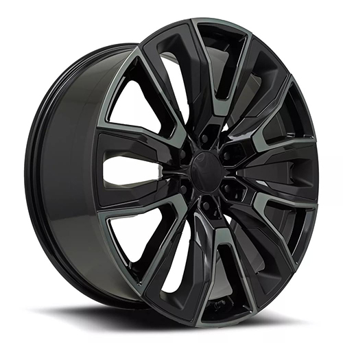 Factory Reproductions FR 207 GM Split 6 Spoke Gloss Black Machines With Dark Tint and Satin Black Inserts - Part Number 207290286518 Factory Reproductions FR 207 GM Split 6 Spoke Gloss Black Machines With Dark Tint and Satin Black Inserts Photo