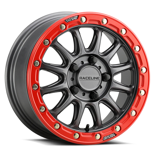 Raceline A14GR Alpha Gunmetal W/ Gloss Red Beadlock Ring - Part Number A14GR-57012+25 Raceline A14GR Alpha Gunmetal W/ Gloss Red Beadlock Ring Photo